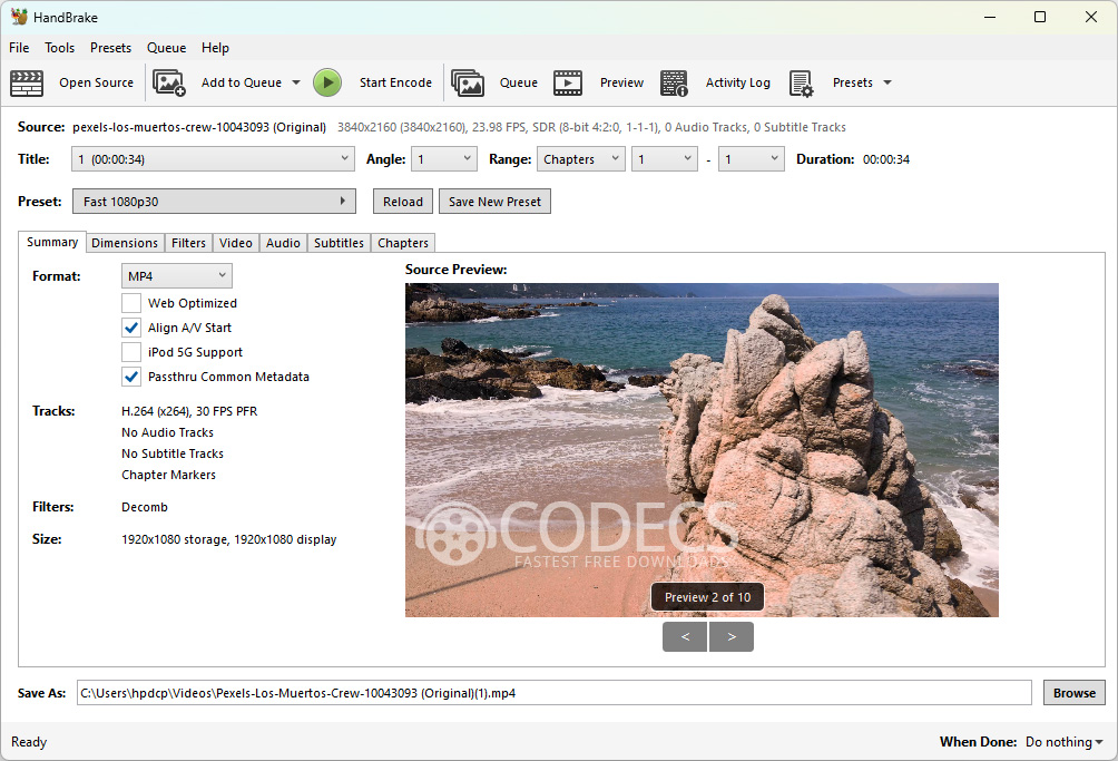 The HandBrake interface showing device presets and quality settings