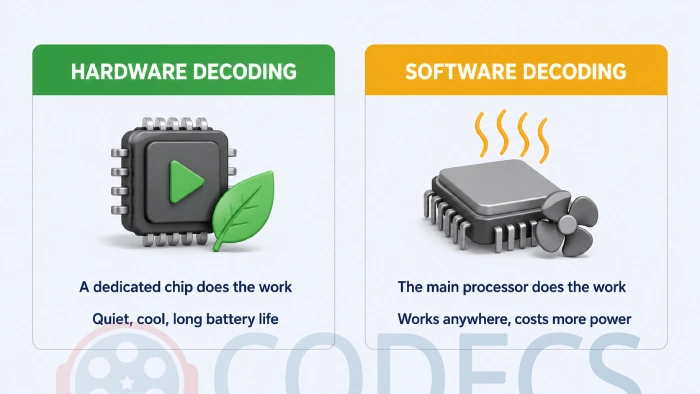 Comparison of hardware decoding running on a dedicated chip and software decoding running on the main processor
