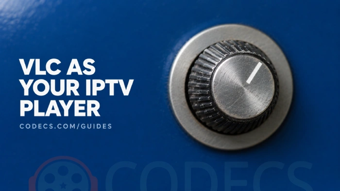 Close-up of a vintage TV channel knob on a deep blue panel with the title M3U IPTV Playlist in VLC