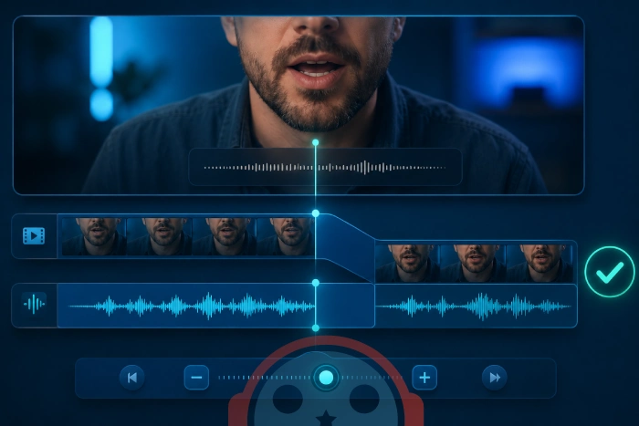 Media player audio-delay slider with plus and minus step markers, lips and subtitle snapping into alignment