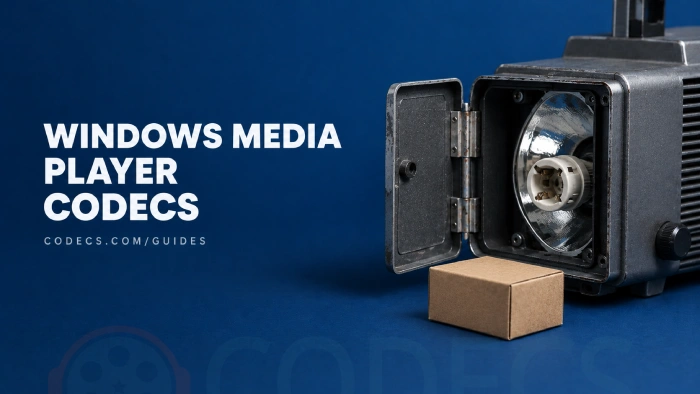 Studio photograph of an open film projector lamp house with an empty lamp socket and a sealed replacement lamp box beside it on a deep blue backdrop, with the title Windows Media Player Codecs and the byline codecs.com/guides