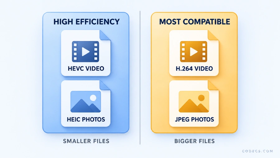 Diagram comparing the two iPhone camera format settings, High Efficiency producing HEVC video and HEIC photos that Windows cannot open, against Most Compatible producing H.264 video and JPEG photos that Windows opens immediately