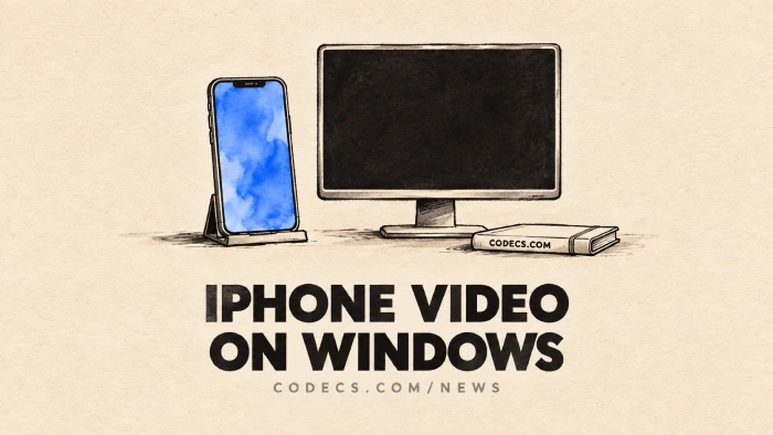 Ink and wash illustration of a phone showing a bright blue video frame beside a desktop monitor showing the same frame as a black rectangle, under the title IPHONE VIDEO ON WINDOWS and the byline CODECS.COM/NEWS