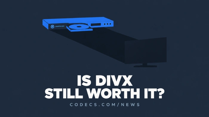 Silhouette of an old DVD player with a disc in its open tray, casting a long shadow shaped like a modern flat-screen TV, titled Is DivX Still Worth It, CODECS.COM/NEWS