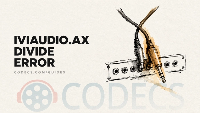 Ink and wash illustration of two audio patch cables crossed and snagged at a patch bay socket, with one being pulled free, beside the title IVIAUDIO.AX Divide Error and the byline codecs.com/guides