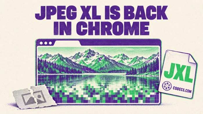 Screen-print poster of a browser window sharpening a mountain photo from top to bottom, a JXL file card sliding in and a broken image placeholder left behind, under the title JPEG XL is back in Chrome