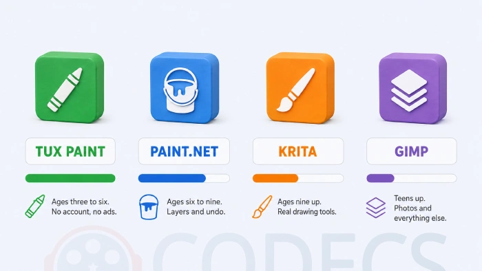 Four-column comparison of Tux Paint, Paint.NET, Krita and GIMP showing age fit, offline status and whether an account is required