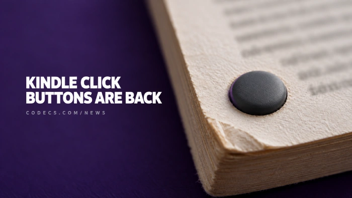 Macro photograph of a paperback page corner with a single round push button set into the margin, under the title Kindle Click: buttons are back