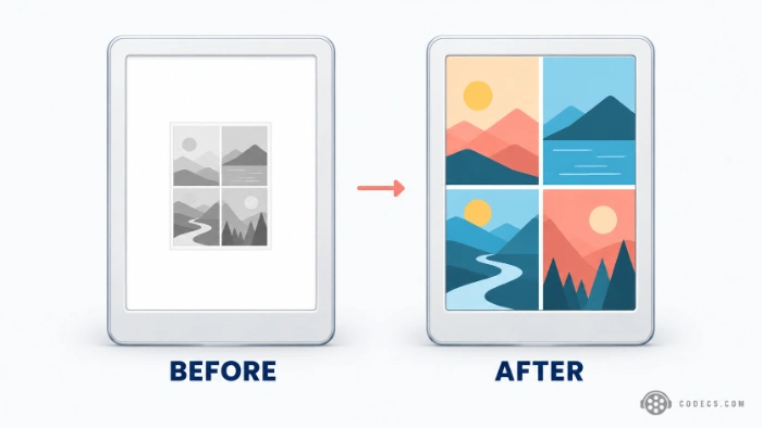 Before and after diagram: on the left an e-reader showing a tiny grey comic page inside wide white margins, on the right the same e-reader filled edge to edge with a color comic page