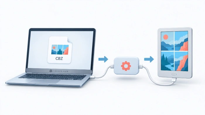 Illustration of a laptop sending a CBZ comic file through a small converter to a color e-reader that shows the comic page full screen, connected by a USB cable
