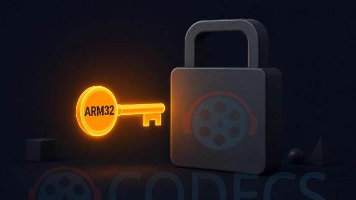 Amber key labelled ARM32 held up to a large grey padlock whose face has no keyhole