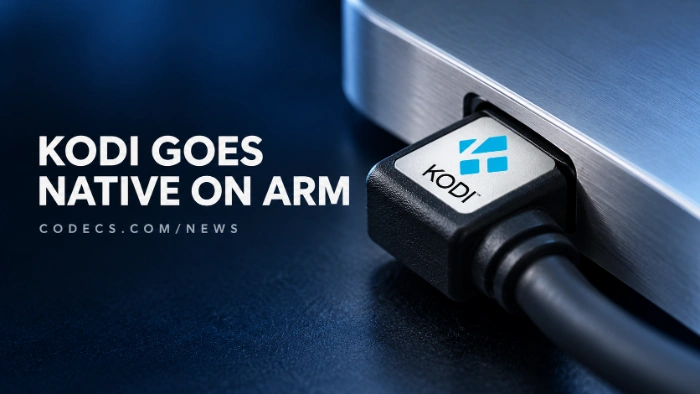 A close-up of a video cable with a Kodi logo seated perfectly in a laptop socket, beside the title Kodi Goes Native on ARM
