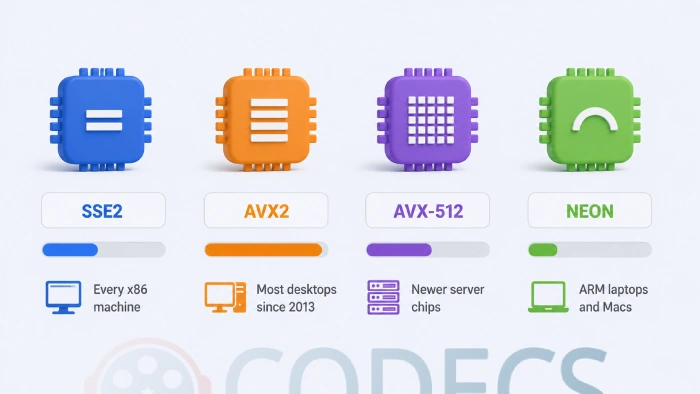Four processor instruction sets compared by encoding speed gain, AVX2 fastest