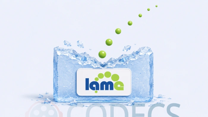 The LAME logo set into a slab of cracking ice with green bubbles rising from the break