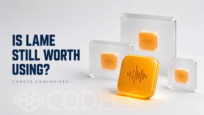 A warm amber audio file tile in the foreground with three frosted glass application windows behind it, each holding a smaller copy of the same tile, beside the title Is LAME Still Worth Using