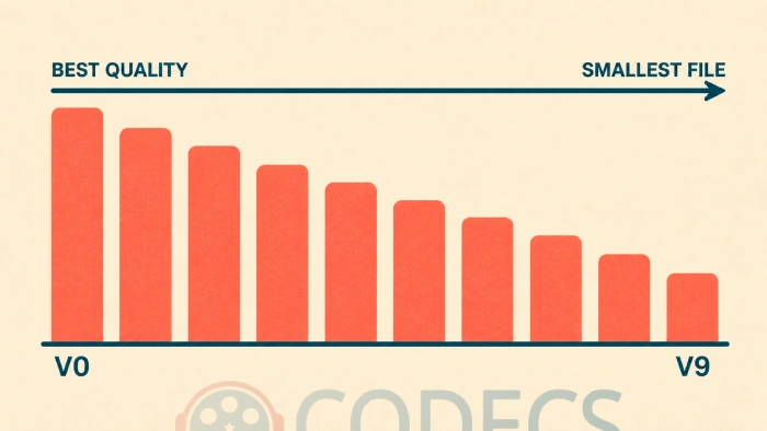 Ten descending bars from V0 at best quality on the left to V9 at smallest file on the right