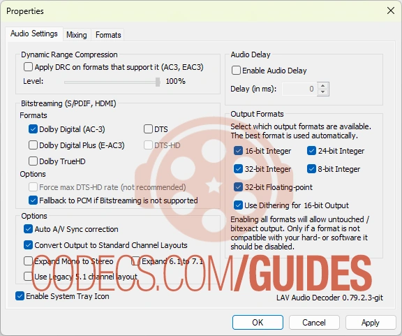 LAV Audio Decoder settings with the Bitstreaming checkboxes for AC3, E-AC3, TrueHD, DTS and DTS-HD