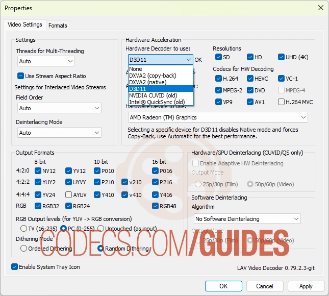LAV Video Decoder settings with the Hardware Decoder dropdown set to D3D11 and the codec checkboxes for H.264, HEVC, VP9 and AV1 ticked