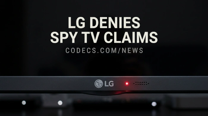 Macro photograph of the lower bezel of a switched-off LG TV in a dark room, its red standby light glowing beside a row of tiny microphone holes, under the title LG DENIES SPY TV CLAIMS and the byline CODECS.COM/NEWS