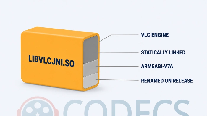 Cutaway of the libvlcjni.so file labelled as a VLC engine build, statically linked, armeabi-v7a only