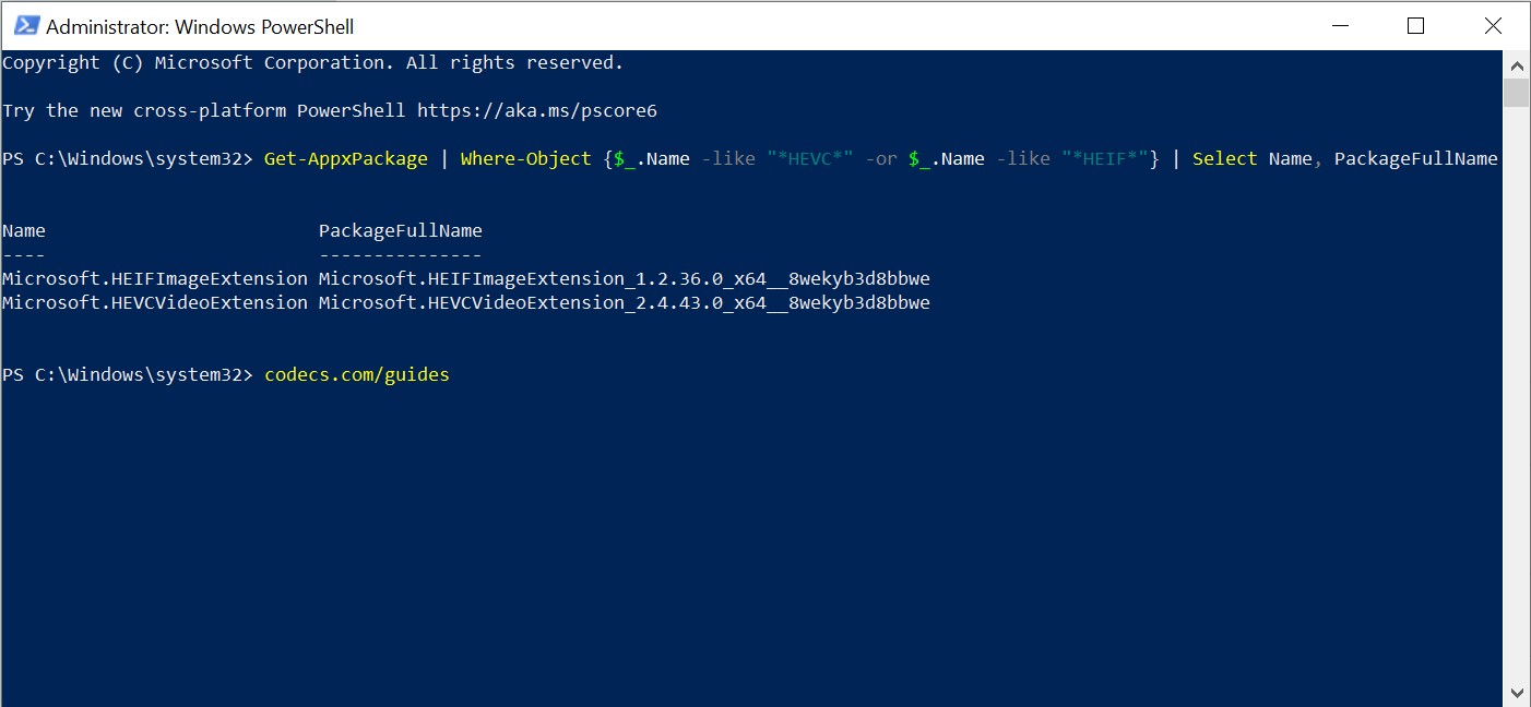 PowerShell Get-AppxPackage output listing the installed HEVC and HEIF extensions with their exact package names