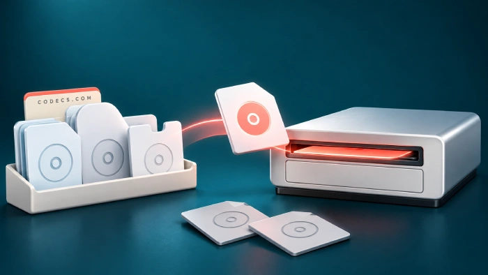 A glossy ISO disc image card sliding into a lit virtual disc drive while two other image formats lie greyed out beside it