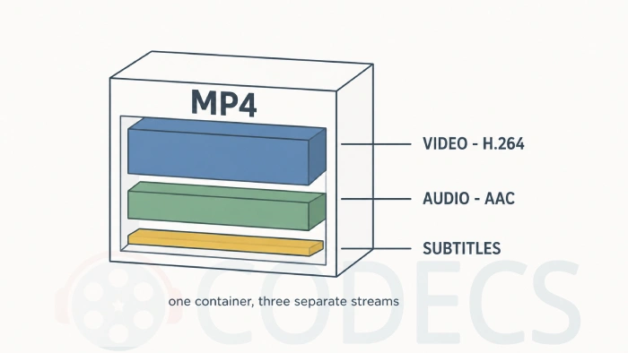 A container box cut open to show separate video, audio and subtitle streams stored inside it