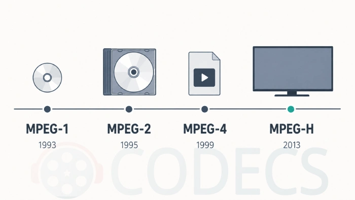 A timeline of MPEG standards from Video CD through DVD to file-based and screen-based video, with file sizes shrinking at each step