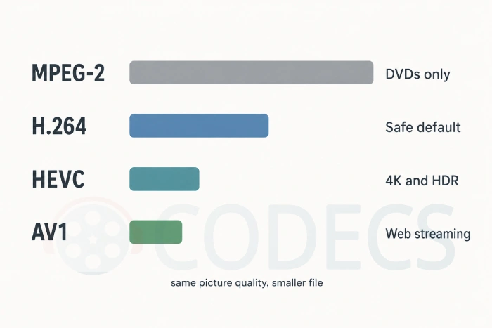 Four branching paths ending in progressively smaller file sizes, representing the choice between MPEG standards