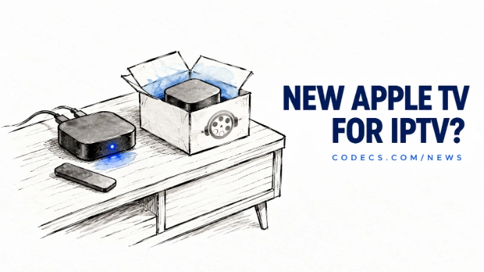 An ink and wash drawing of an older streaming box still glowing on a TV console beside a new identical box half out of its carton, with the title New Apple TV for IPTV?