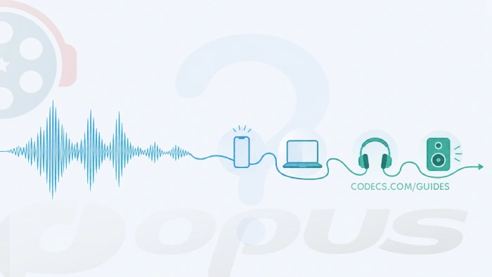 Illustration of an OPUS audio waveform playing across phones, laptops and speakers