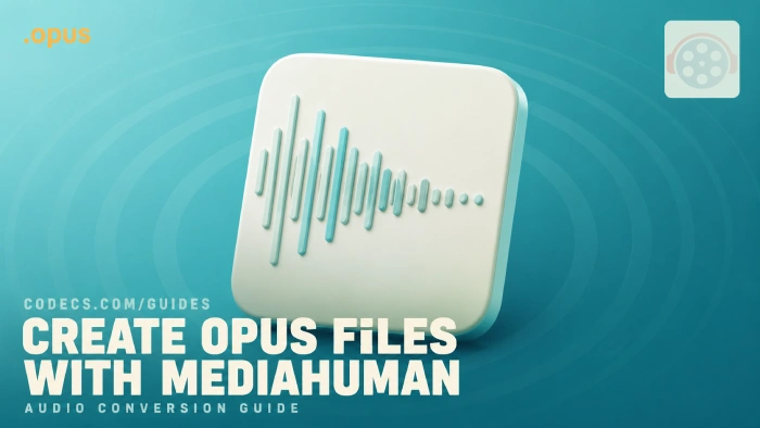 The Opus logo and an audio file tile whose waveform narrows left to right, titled Create Opus Files with MediaHuman