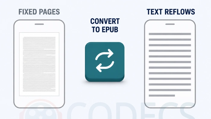 Three-stage strip showing a page of fixed unreadable text labelled FIXED PAGES, a conversion tile labelled CONVERT TO EPUB, and the same page reflowed and readable labelled TEXT REFLOWS