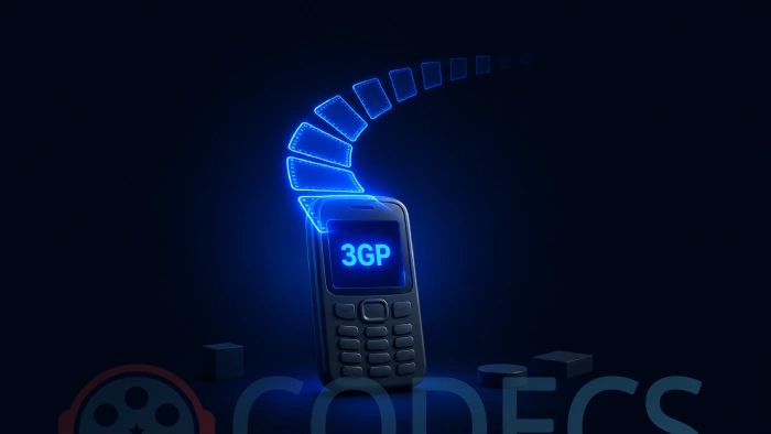 An old mobile phone glowing in the dark with a stream of small video frames pouring upward out of its screen