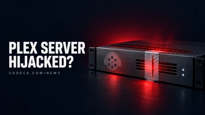 A rack-mounted media server with its tamper-evident seal slit open and a red glow and heat haze leaking out, beside the title Plex server hijacked?