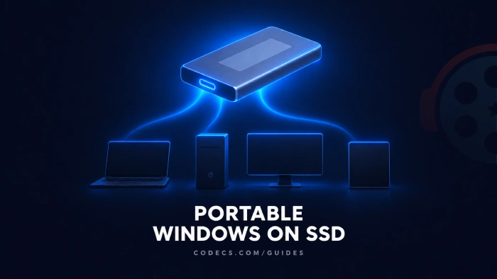 A semi-3D external SSD floating above a row of dark laptop, desktop, monitor and tablet silhouettes on a deep navy ground, with the words PORTABLE WINDOWS ON SSD beneath