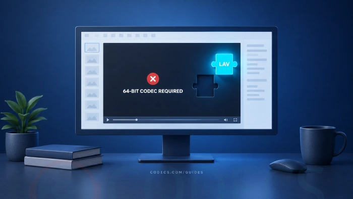 Desktop monitor showing a presentation with a 64-bit codec required error on the video slide, and a glowing cyan LAV puzzle piece about to drop into the matching gap cut in it