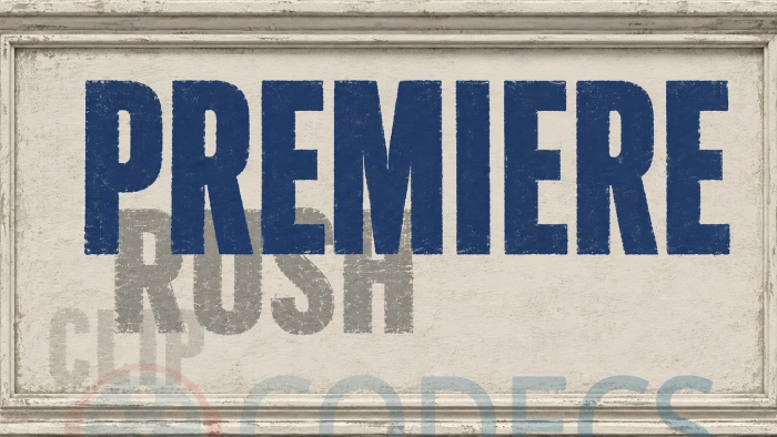 A shop fascia with PREMIERE painted in blue over a faded RUSH and a fainter CLIP beneath it