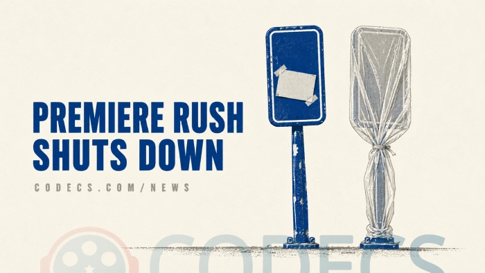 A bus stop pole with a blank withdrawal notice beside a new pole still wrapped in plastic, under the words Premiere Rush Shuts Down