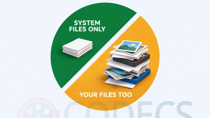 A circle split diagonally - one half holding a small stack of plain system files, the other a large stack of photos, documents and media, showing what a small versus a huge Windows.old contains