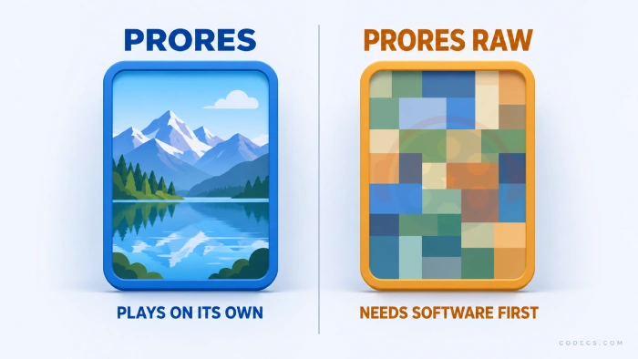 Diagram comparing ProRes, which is a finished picture that Windows players open on their own, against ProRes RAW, which is unprocessed sensor data that needs software before anything can show it