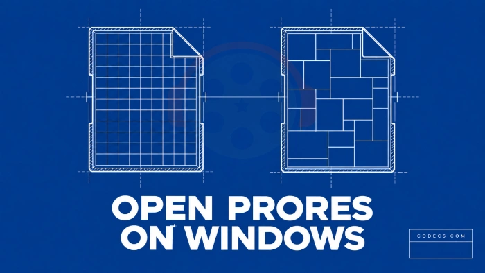 Blueprint-style technical drawing of two identical video file containers side by side, the left one ruled into a fine even grid and the right one into a coarse unresolved mosaic, under the title OPEN PRORES ON WINDOWS