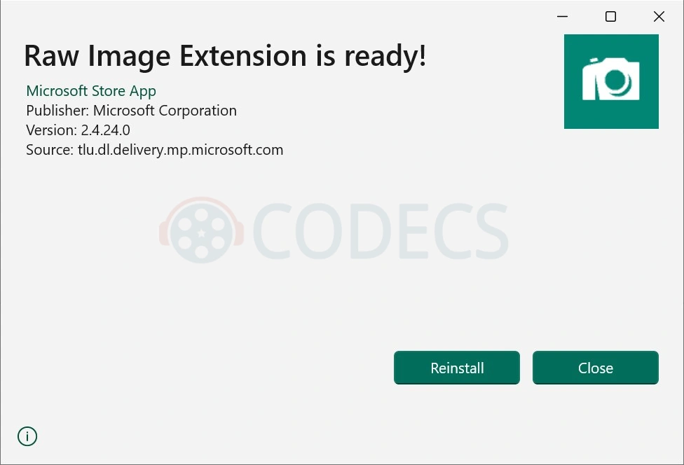Windows App Installer dialog reading Raw Image Extension is ready, Microsoft Store App, Publisher Microsoft Corporation, Version 2.4.24.0