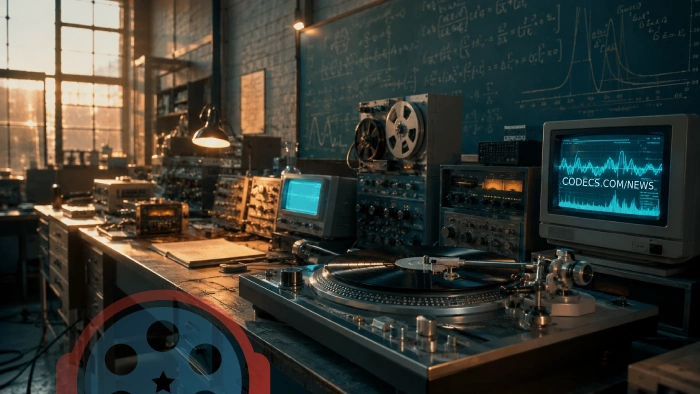 Audio research bench with oscilloscope and waveform monitor representing the early years of MP3 development