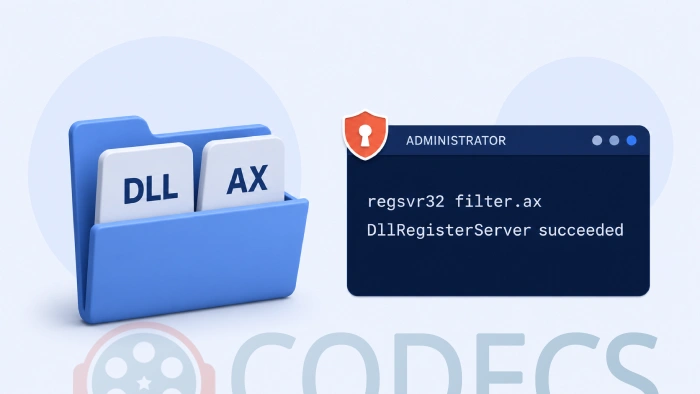 Command Prompt window running a regsvr32 command beside a folder holding a DLL and an AX filter file