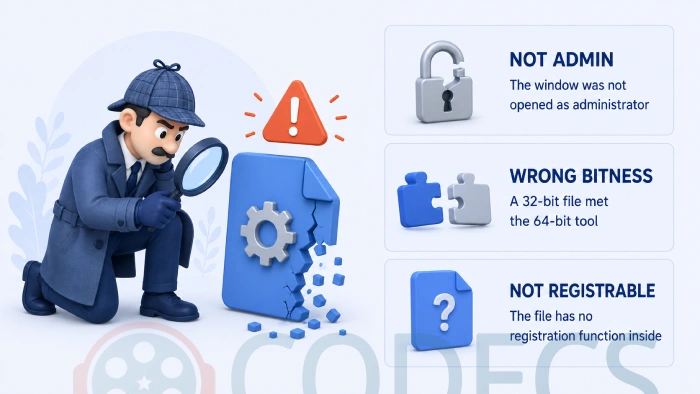 Illustration of three regsvr32 failure causes - no administrator rights, wrong bitness, and a file with no registration function