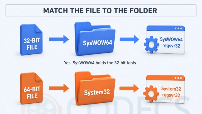 Diagram showing 32-bit files registering from the SysWOW64 folder and 64-bit files registering from the System32 folder