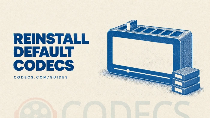 Screen-print poster of a media player window drawn as a physical case with a row of empty slots along its back edge, a decoder cartridge being slid into one slot and a stack of others waiting, beside the title Reinstall Default Codecs and the byline codecs.com/guides