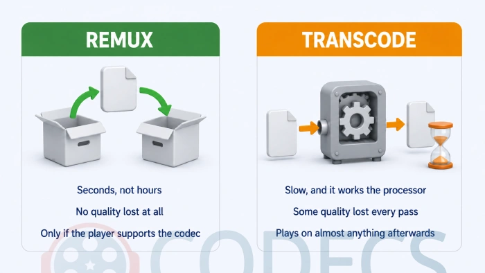 Comparison of remuxing, which is fast and lossless but limited, and transcoding, which is slow and lossy but works anywhere