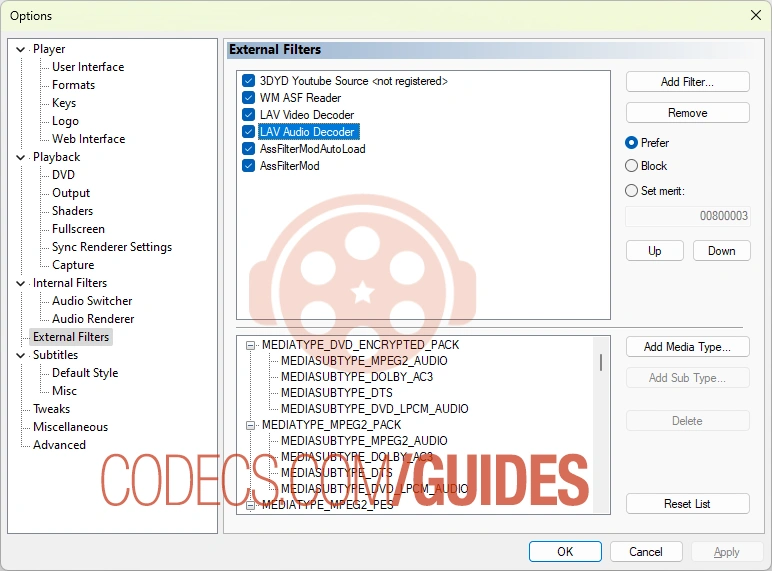 MPC-HC Options window on the External Filters page with LAV Splitter, LAV Video Decoder and LAV Audio Decoder added and set to Prefer